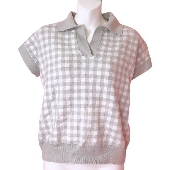 Sioni White and Grey Checkered Short Sleeve Sweater Small - Picture 1 of 4